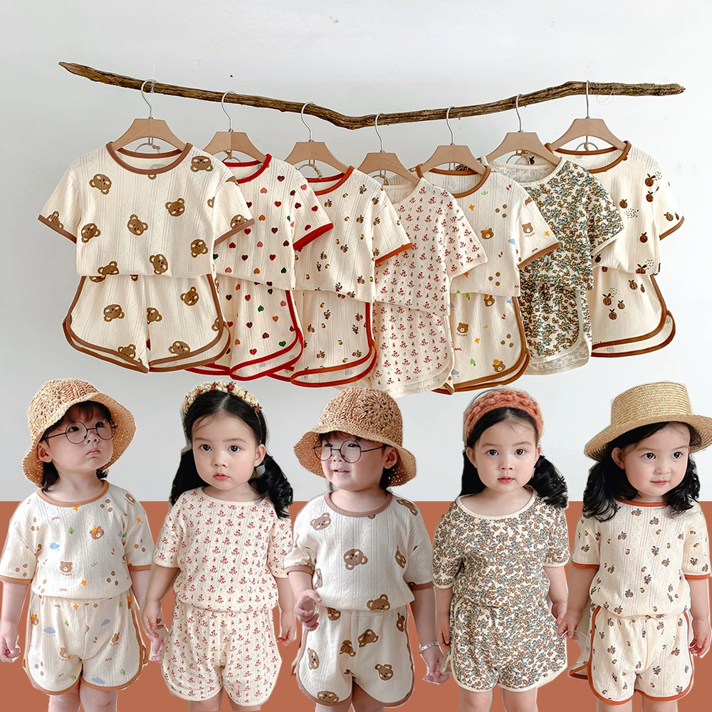 

Infant Baby Girl Boy Cartoon Bear Print Clothes 100% Cotton Knitted Waffle Two Pieces Suit Tshirts Top and Shorts Buttom Outfits