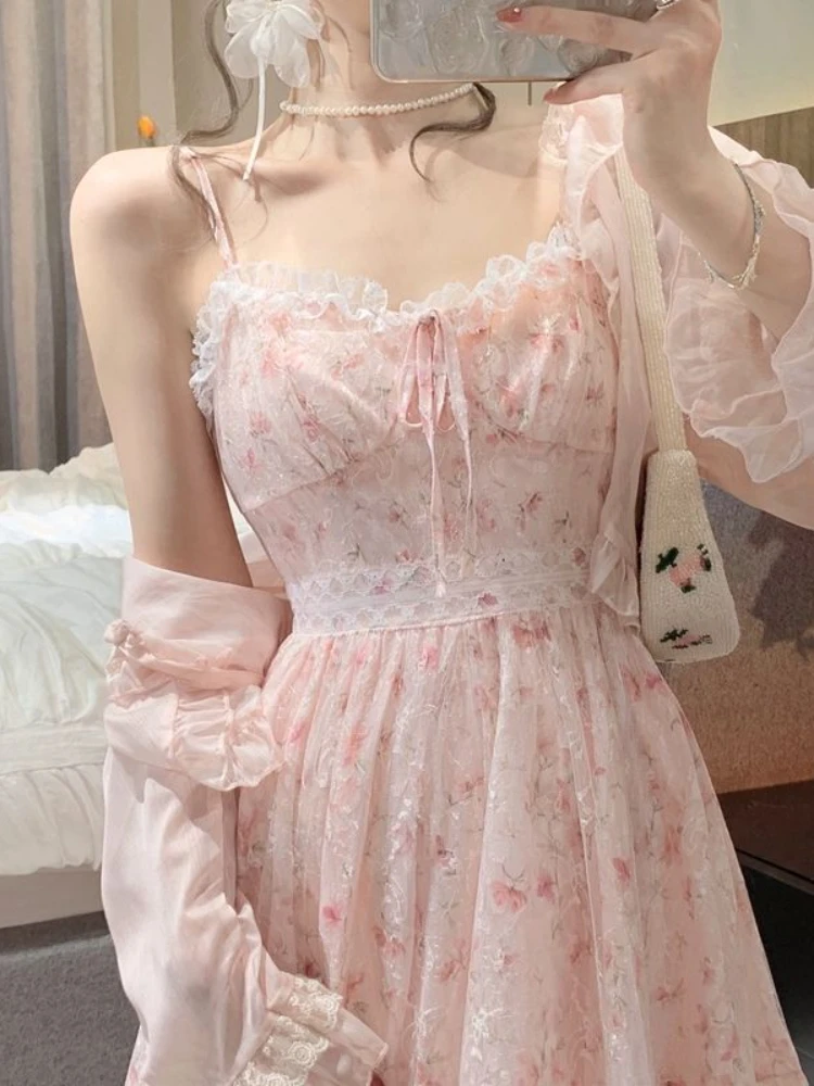 

2023 Summer 2 Piece Dress Set Kawaii Clothing Lolita Dress Party Korean Fashion Suits Women Floral Mini Dress + Casual Blouse