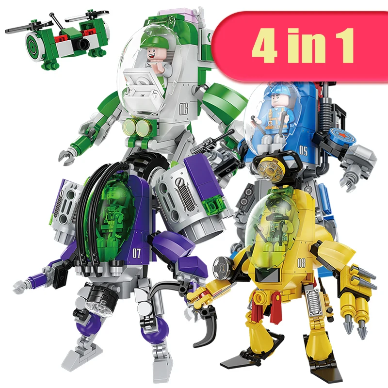

4 In 1 700+Pcs City Fire Control Police Engineer Robot Building Blocks Action Figures Dolls Bricks Gifts Toys for Kids Children