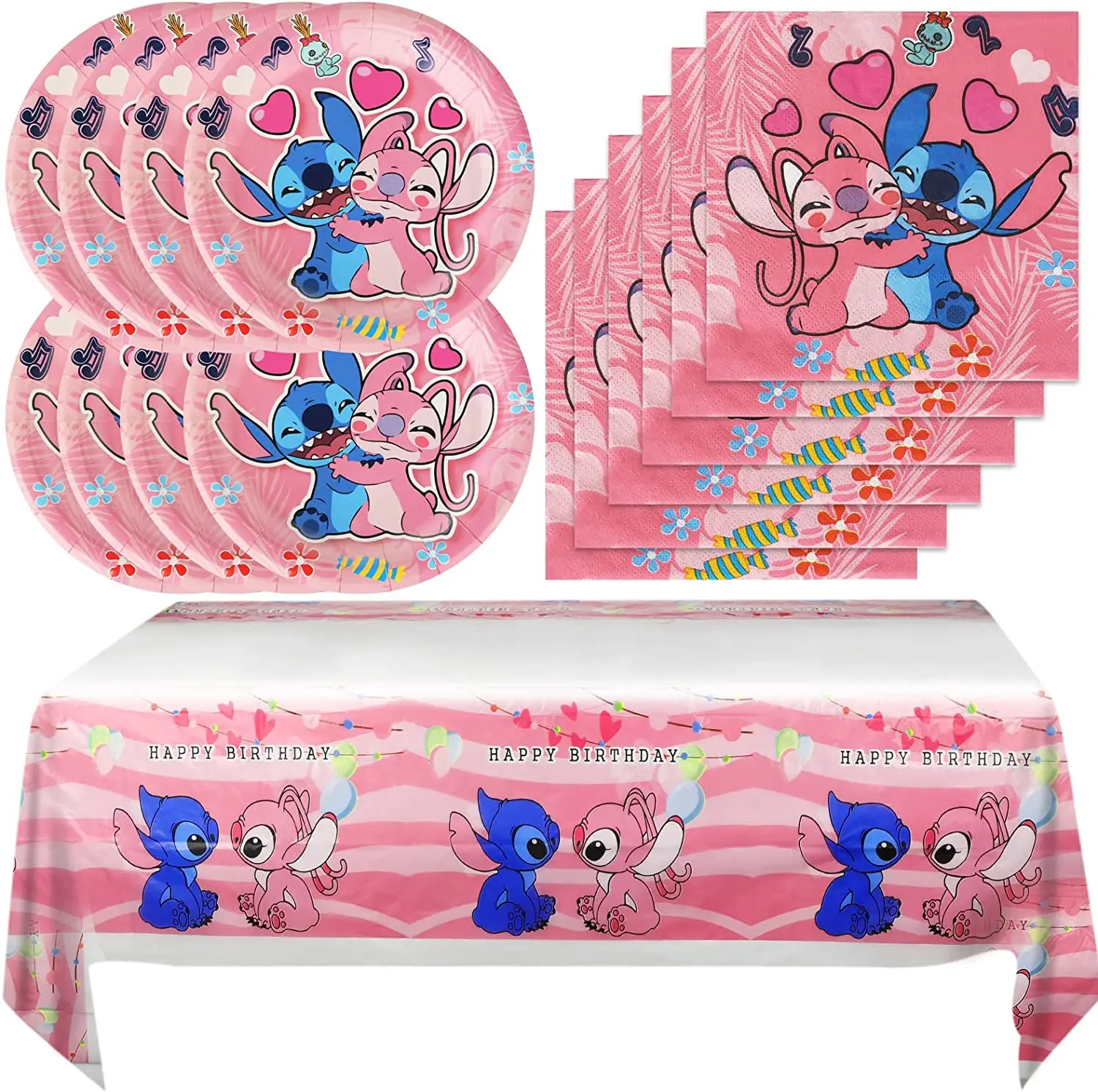 

10People Pink Lilo Stitch Birthday Party Decorations Disposable Tableware Set Stitch Angel For Girls Baby Shower Supplies Toys
