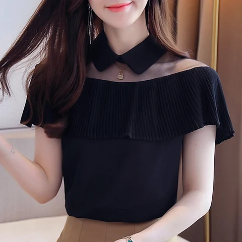 Женская шифоновая блузка с оборками, черная или белая блузка с коротким рукавом, модель D319, 2024
