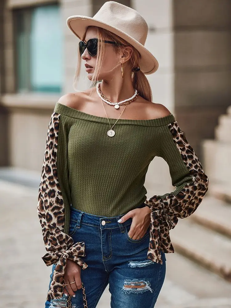 

Chicme Women Off Shoulder Cheetah Print Waffle Knit Long Sleeve Top 2022 Autumn Streetwear Party Blouse Pullover T-Shirts Female