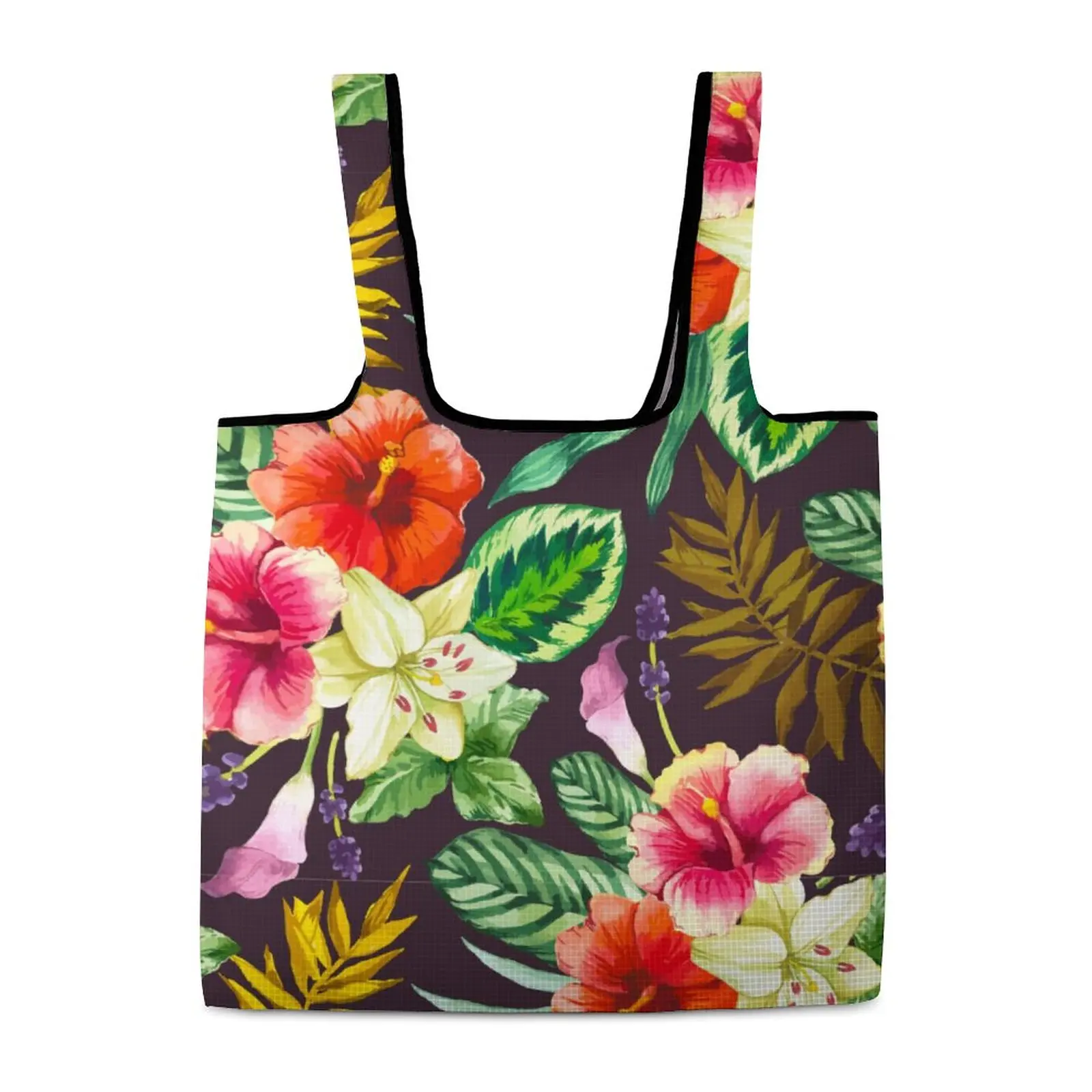 Custom Print Colorful Flower Grocery Bag Full Printed Portable Shopper Bag Reusable Portable High Capacity Travel Beach Totebag