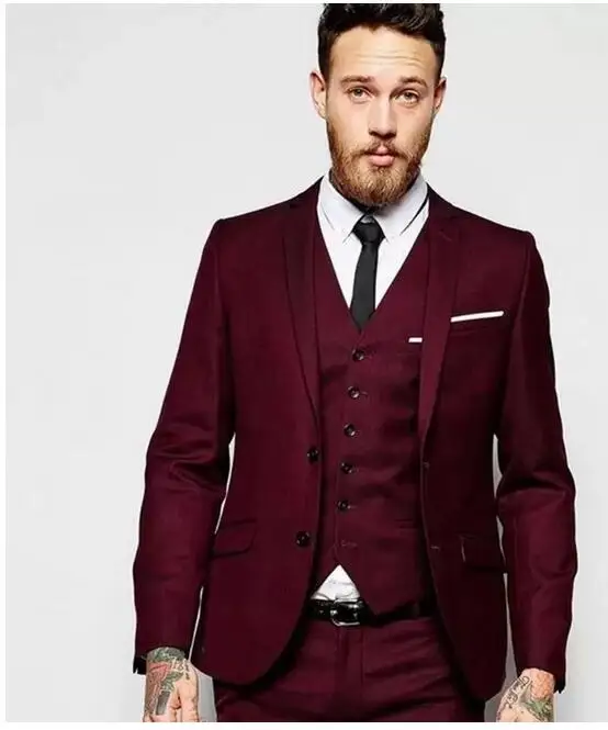 

Handsome Burgundy Wedding Tuxedos Slim Fit Suits For Men Groomsmen Suit Three Pieces Prom Formal Suits Jacket Pants Vest