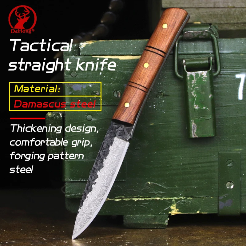 

Дамасский прямой нож с бамбуковой ручкой, высокопрочный тактический карманный резец из кованой стали с узором, для самообороны, кемпинга