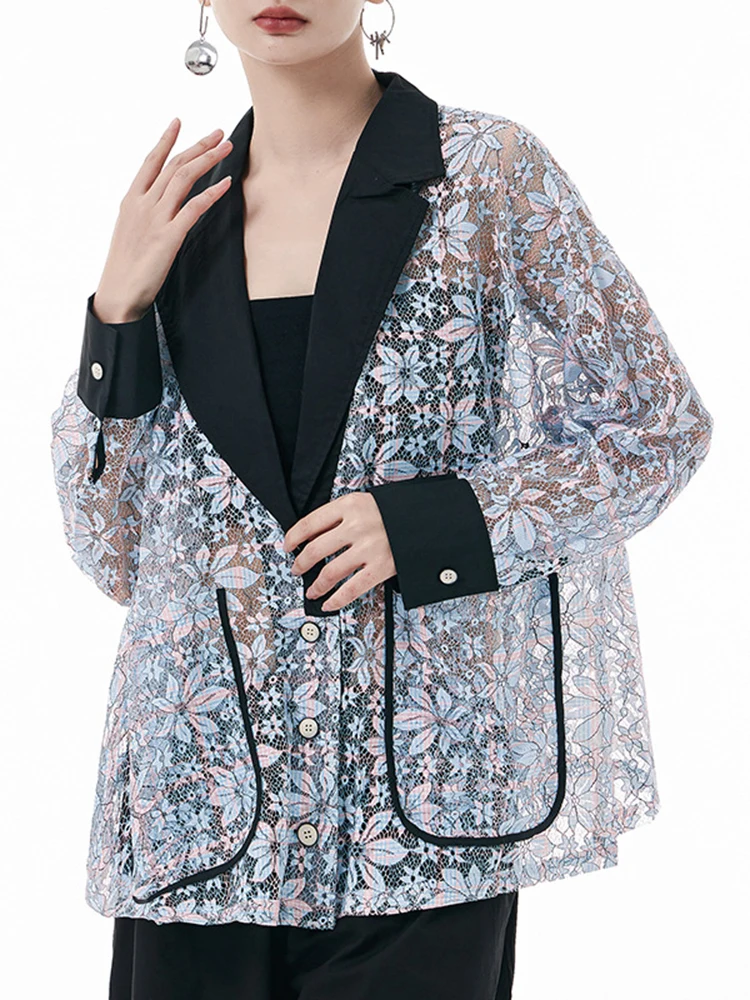 [EAM] Женский кружевной карманный повседневный пиджак большого размера новая