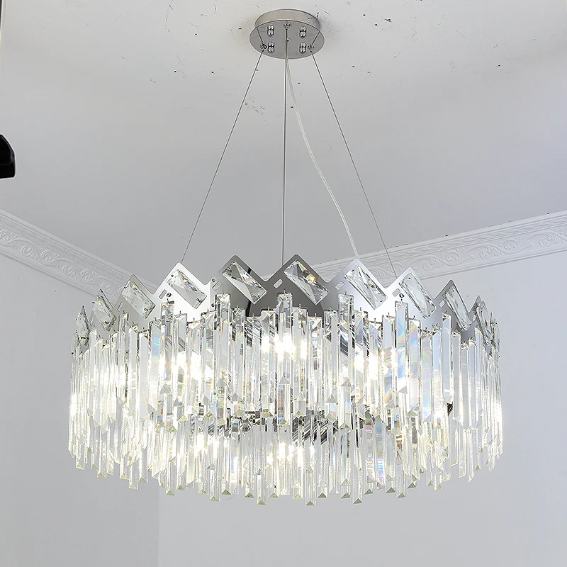 

Светодиодная Современная хрустальная люстра Rouind K9 E14, роскошный хром подвесной светильник для дома, гостиной, серебристый светильник для по...