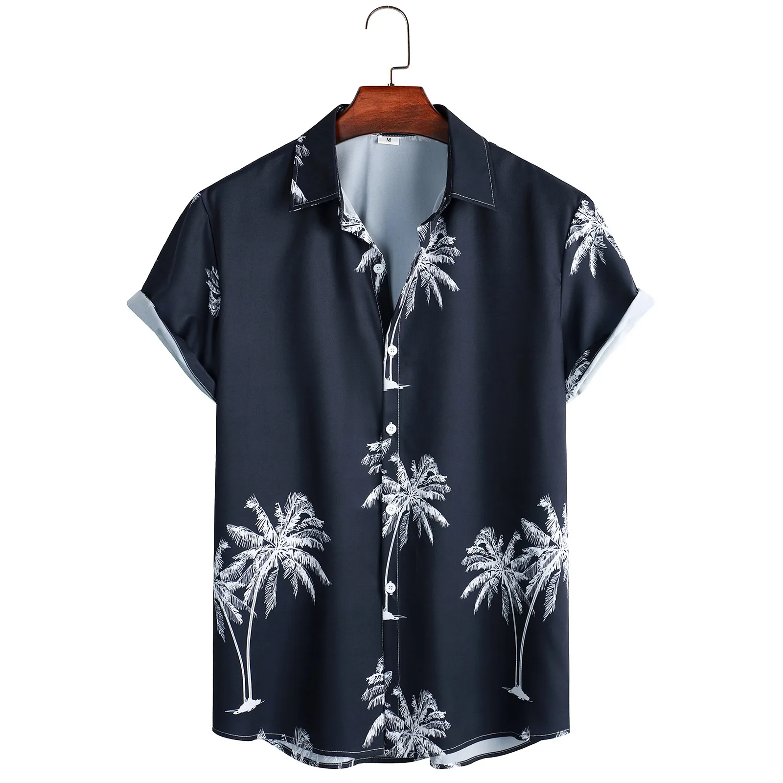 Camisa hawaiana de manga corta para hombre, Camisa ajustada con estampado de palmeras étnicas, botones, para vacaciones en la playa, Verano