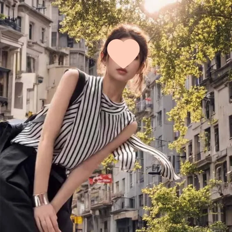 Элегантный топ для похудения в вертикальную полоску женская летняя Новое