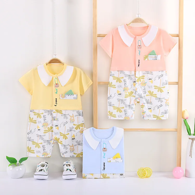 

Newborn Girl Romper Baby Boy Clothes Infant Letter Stitching Cartoon Print Short Sleeve Bodysuit Toddler Summer Casual Jumpsuit
