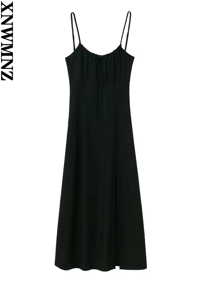 

XNWMNZ 2022 Women Fashion Black Linen Blend Midi Dress Woman Resort Style Bow Knot Hem Side Slit Female Chic Dresses