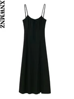 xnwmnz 2022 women fashion black linen blend midi dress woman resort style bow knot hem side slit female chic dresses