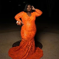 elegant plus size womens dresses lace full sleeve strapless mermaid orange prom dress 2022 new for party summer robes de soir%c3%a9e