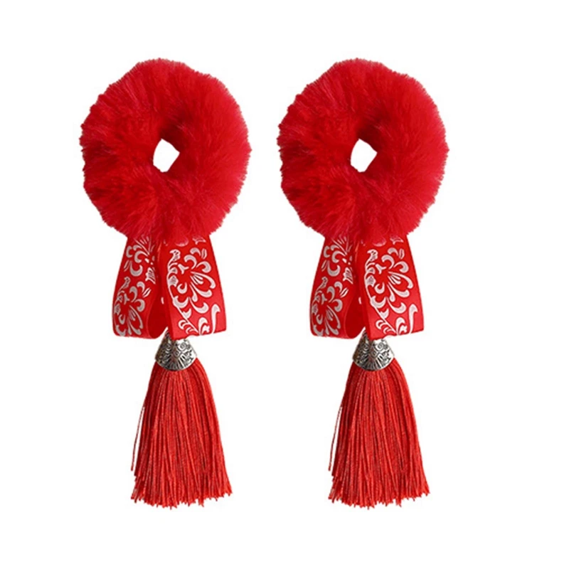 Girls Chinese Style Tassel Red Donut Scrunchies Hair Bands Bun Updo Ponytail Holder Gum DIY Hair Style Tool Hair Accessories