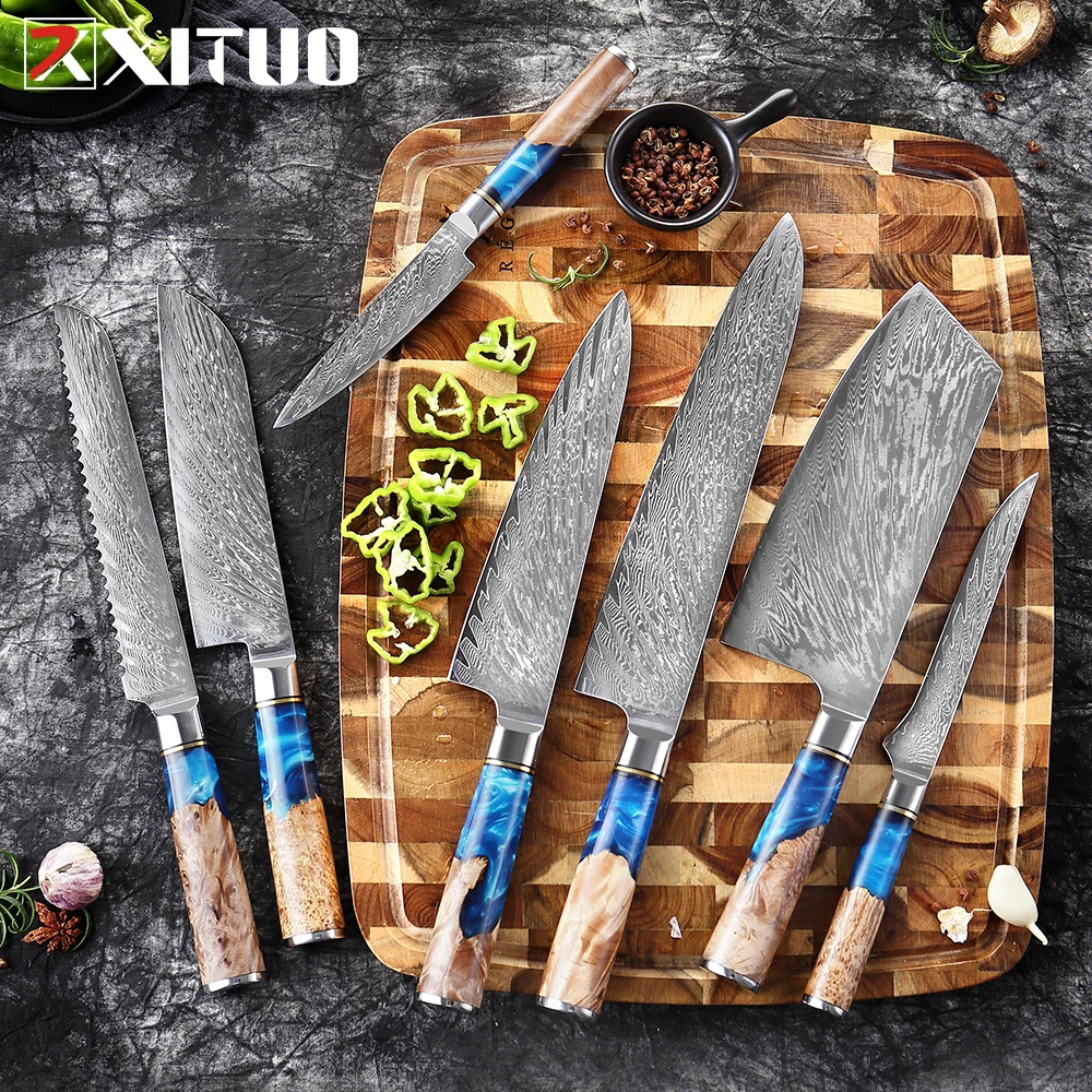 XITUO Kitchen Knives-Set Damascus Steel VG10 Chef Knife Cleaver Paring Bread Knife Blue Resin and Color Wood Handle 1-7PCS set images - 6