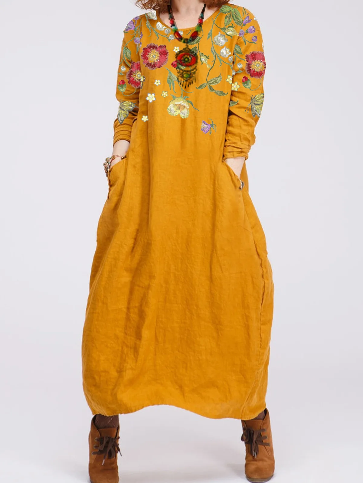 

European Style Retro Woman Dress Long Sleeve Female Vestido Floral Maxi Woman Dress