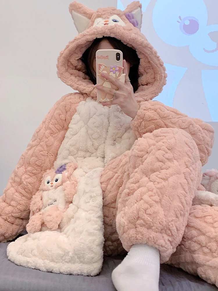 Coral Fleece Pajamas Autumn and Winter Women Three-Layer Quilted Thickened Cartoon Cute Flannel Long sleeve Home Wear Set