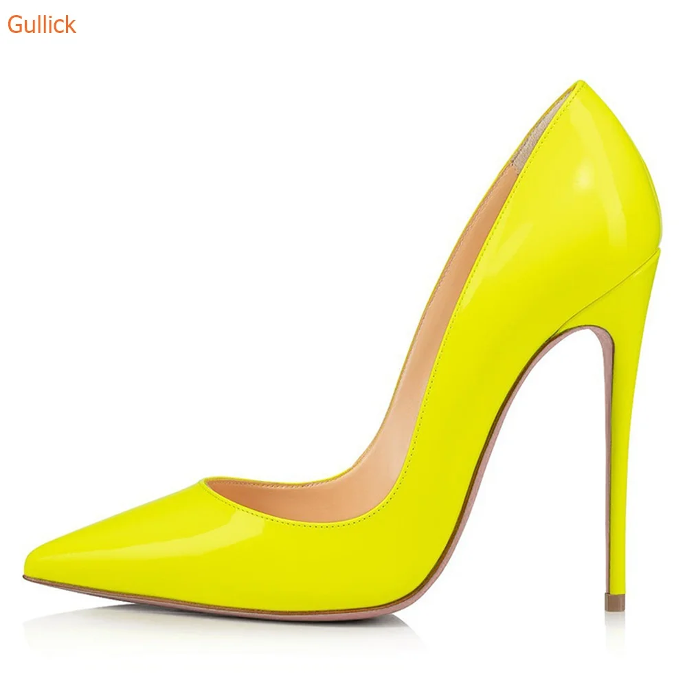 Yellow Patent Leather Sexy Pumps Slip On Thin Heels Pointed Toe Shoes Women Purple Fabric Fashion Spring Autumn Pumps