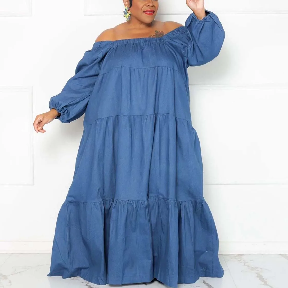 Plus Size Jeans Dresse for Women Off the Shoulder Full Sleeve Loose Floor Length Elegant Evening Night Party Vestidos Mujer Big