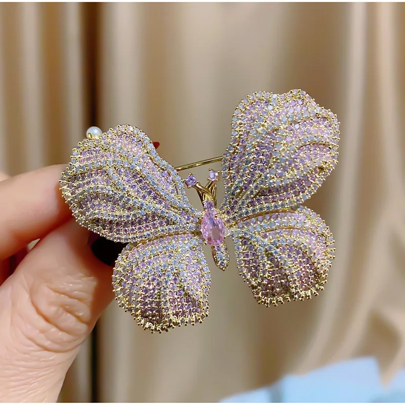 

High-luxury Pink Cubic Zirconia Butterfly Brooches Elegant Cute Insect Broche Creative Temperament Women Clothing Pin Accessorie