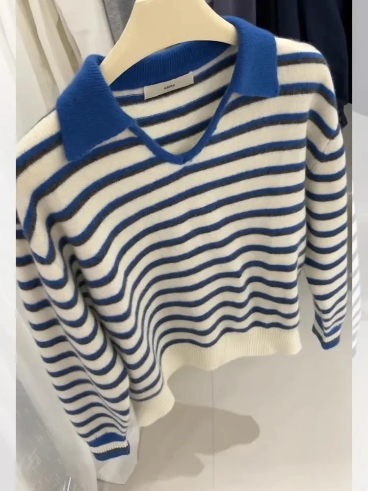 Высококачественный пуловер с лацканами в синюю полоску женский осенне-зимний