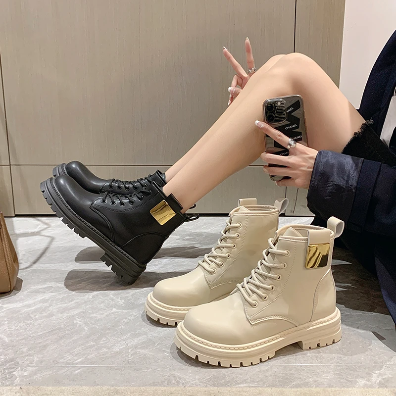 

2022 Autumn New Boots Fashion Thick Sole Boots Bling Metal Decoration Waterproof Platform Combat Boots Western Boots