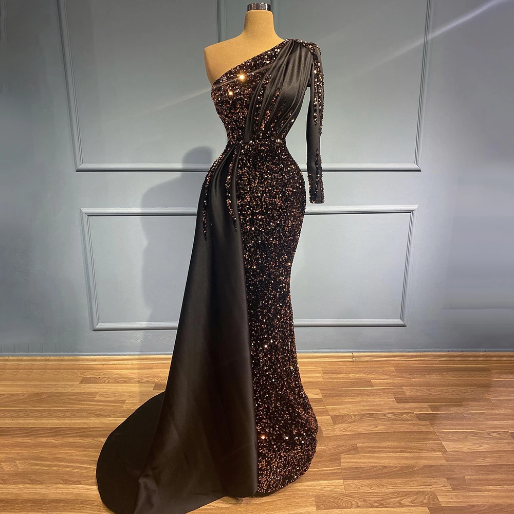 

2023 Black Mermaid One Shoulder Evening Dress Sequins Luxury Elegant Women Party Prom Evening Dress Vestidos De Fiesta