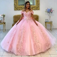 2022 pink quinceanera ball gown dresses off shoulder lace appliques crystal beads with 3d flowers tulle plus size sweet 16 party