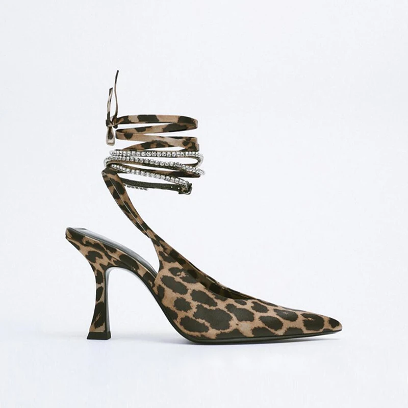 

Сандалии стразы женские с леопардовым принтом, пикантные туфли-лодочки на тонком высоком кабвечерние ке, ремешок на щиколотке, вечерняя Обу...