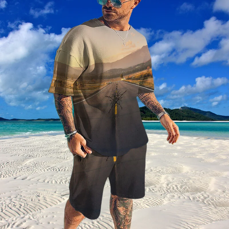 Tracksuit  Men's Sports  3D Printed Beach Wind O-neck Athletic Sets 2-piece Sportswear Suit For Men SelectionComfortabl Hot Sale