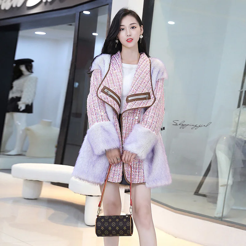 2022 New Senior Sense Autumn Winter Imitation Fur Coats Women Long Young Small Incense Wind Hair Stitching Fashion Coat Female
