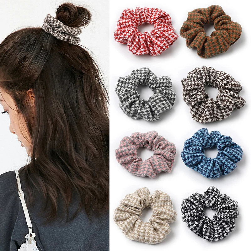 

Fashion Plaid Houndstooth Large Hair Scrunchies Women Elastic Hair Bands Rubber Band Vintage Ladies Ponytail Holder Hair Ties