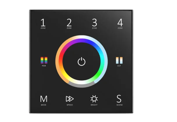 

4 Zones 5 IN 1 Wall Touch Panel DMX Master Controller 110-220VAC 2.4G RF Glass Dimmer For Single color/CCT/RGB/RGBW/RGB+CCT Tape