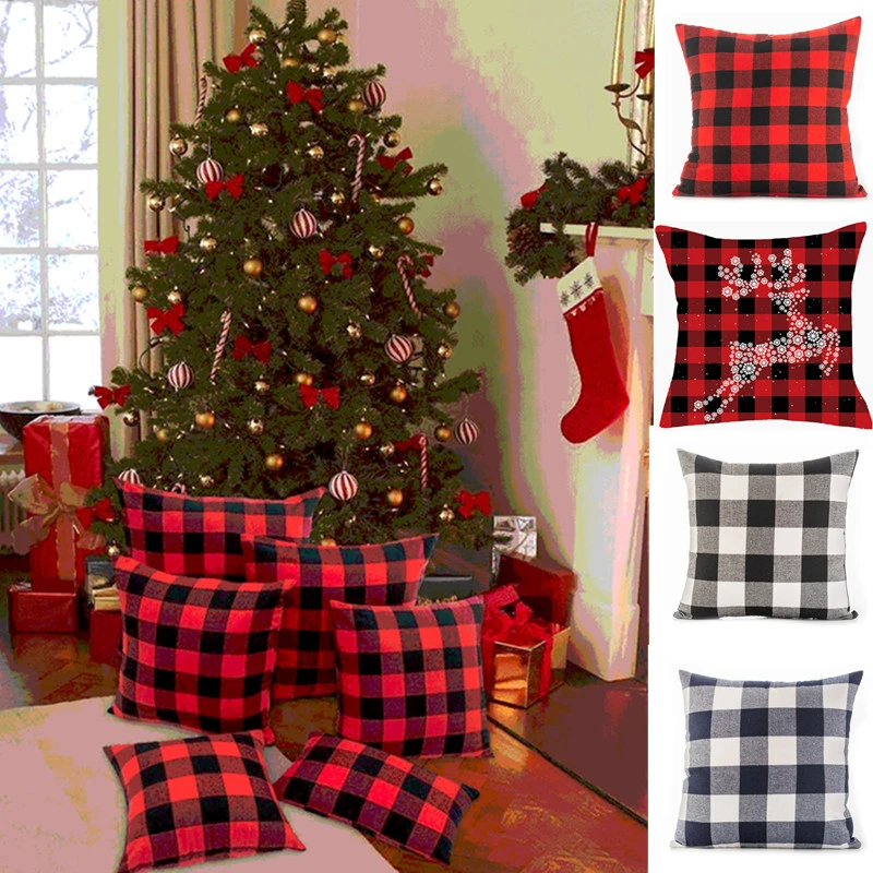 

2022 Christmas Navidad Pillowscase Black Red Plaid Polyester Throw Pillow Cushion Cover Xmas Decorative Sofa Home Chair Decor