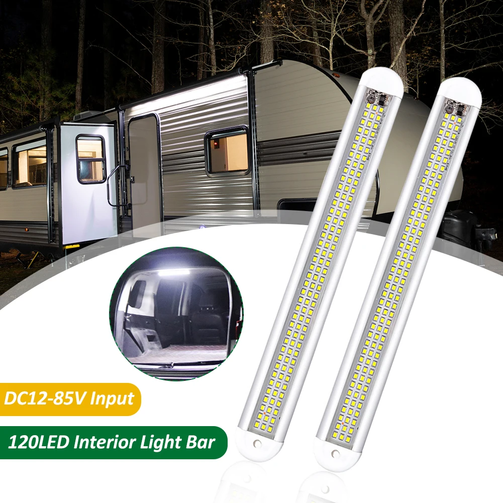 

12V-85V Interior Light Bar 120LED 1800LM 12W LED Light Strip with Switch Dome Lights 6500K White for RV Camper Van Truck Trailer