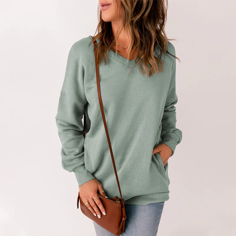

Women New Spring And Autumn Solid Color Top American Skin-Friendly V-neck Pocket Long Sleeves Women's Pullover Loose Sweatshirt