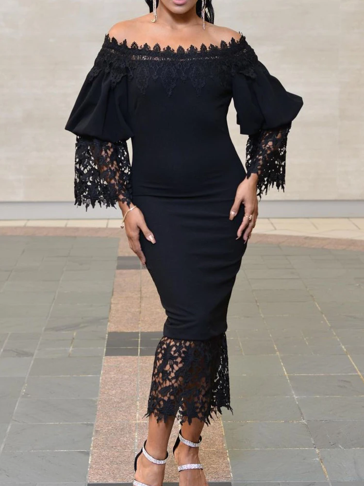 

Women Black Lace Bodycon Dresses Off Shoulder Long Sleeves High Waist Patchwork Package Hip African Celebrate Party Event Robes