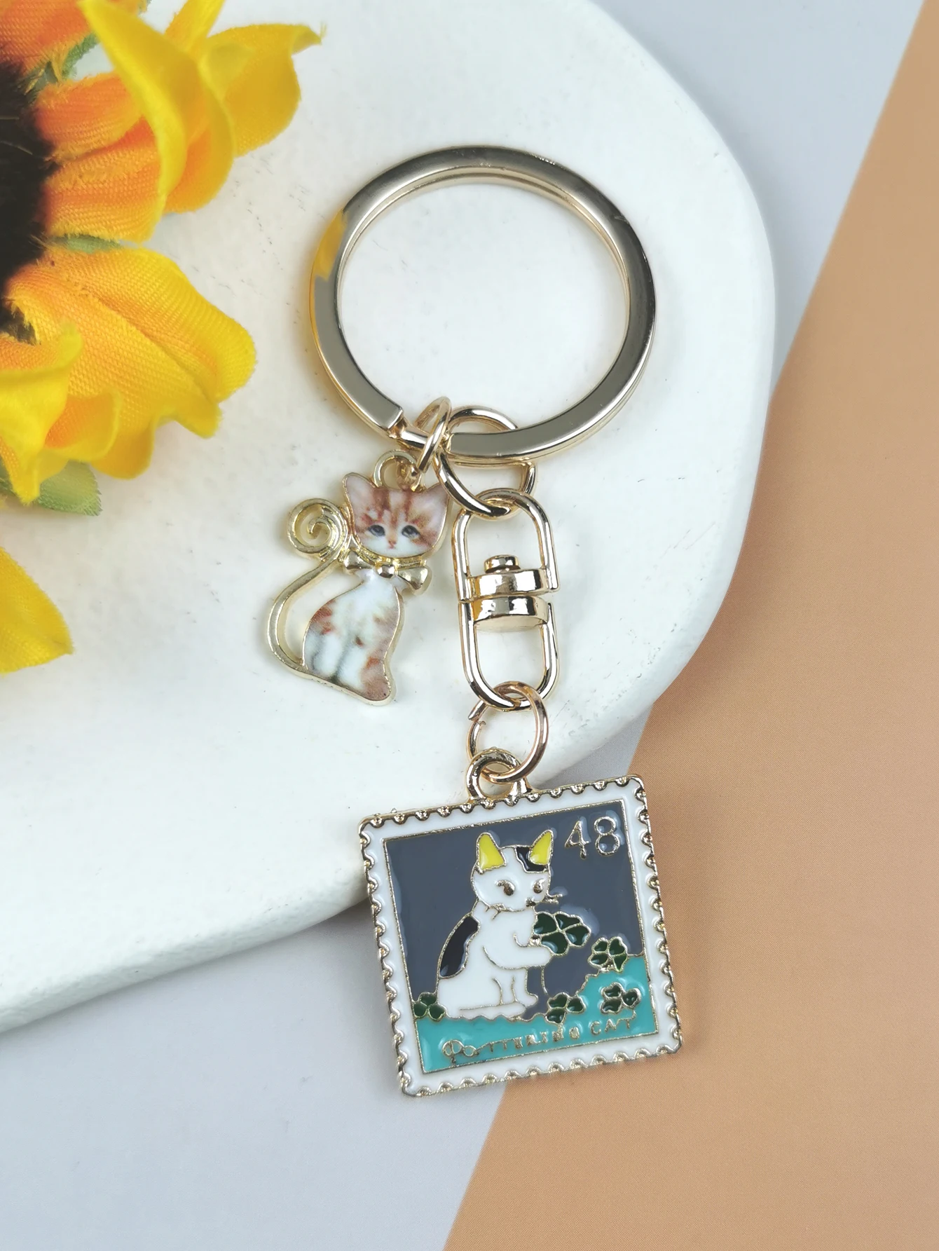 2Pcs Cute Animal Enamel Keychain Stamp Cat Keyring Key Chains Gifts For Female Handbag Key Dangle Handmade Jewelry