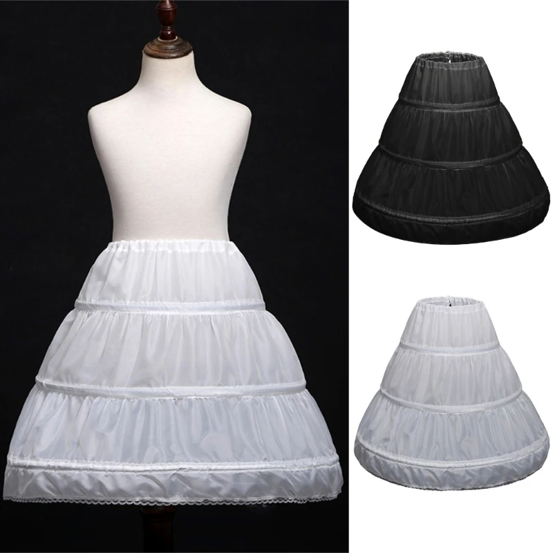 

3 Hoops Double Layers Kid Lace Trim Girls Dress Solid Elastic Waist Underskirt
