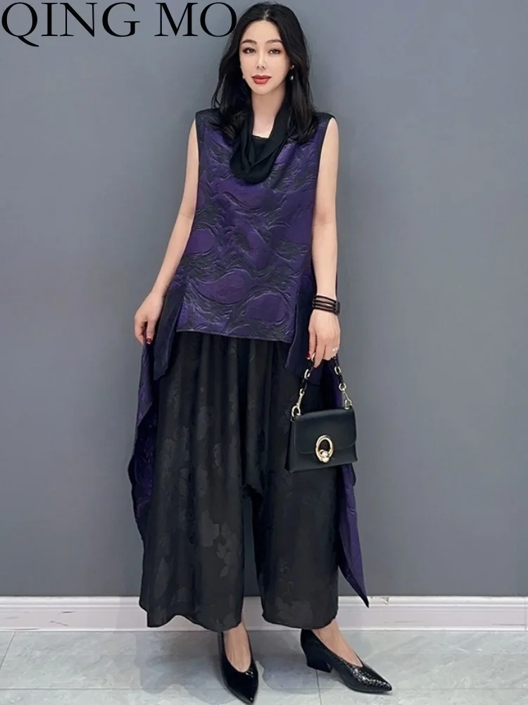 

QING MO 2023 Spring Summer New Fashion Dark Flower Sleeveless Irregular Single Piece Top Women Wear Purple ZXF2135