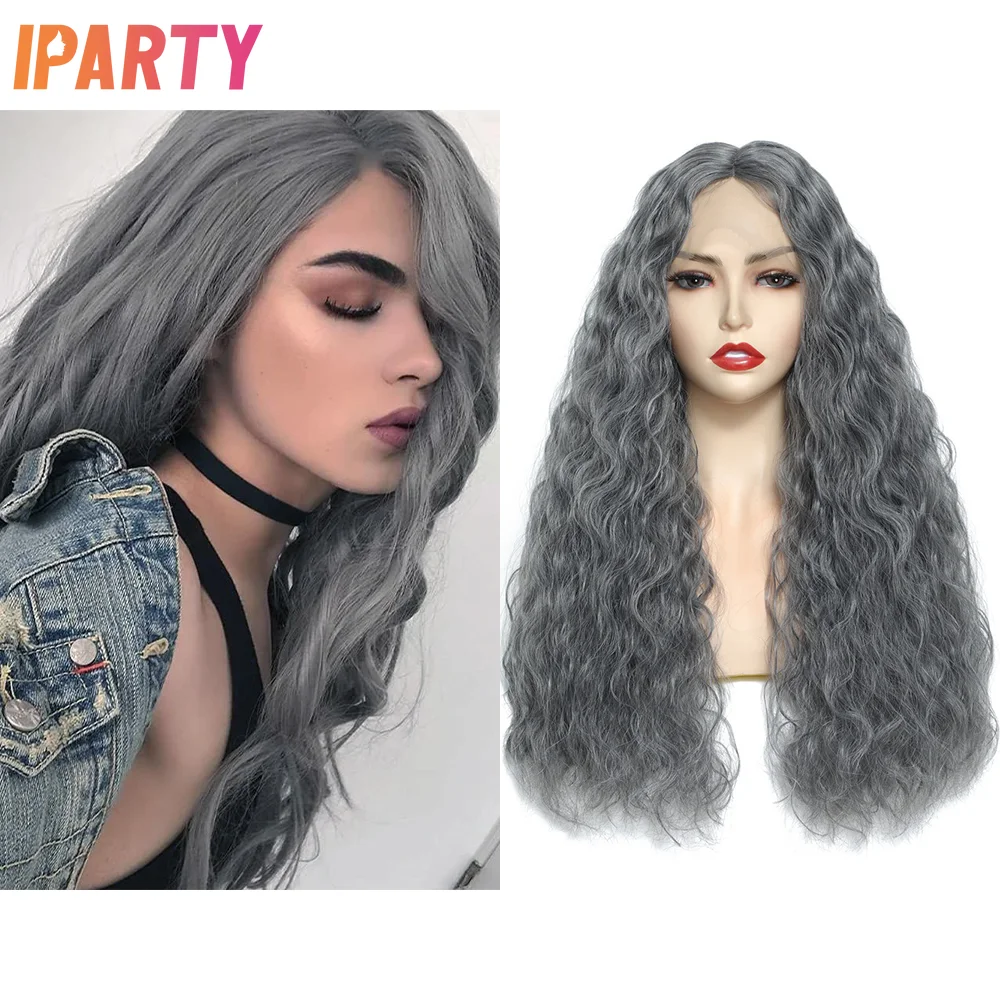 

Iparty Synthetic Lace Long Wavy Wig 24 Inches Dark Grey Color Middle Part Average Size Heat Resistant Fibers Wig For Women Daily