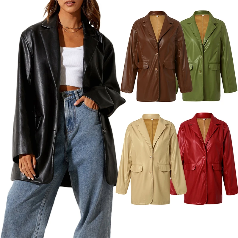 

Модный женский кожаный блейзер, пальто с длинным рукавом, отложным воротником, куртка из искусственной кожи на пуговицах спереди, тренчкот, осенне-зимняя куртка