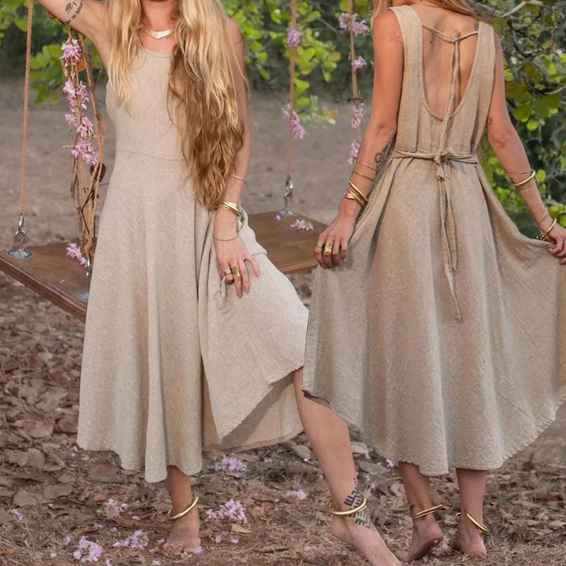 

Women Summer Fashion Vintage Long Dress Women Casual Sleeveless Solid Color O Neck High Waist Corset Pleated Dress