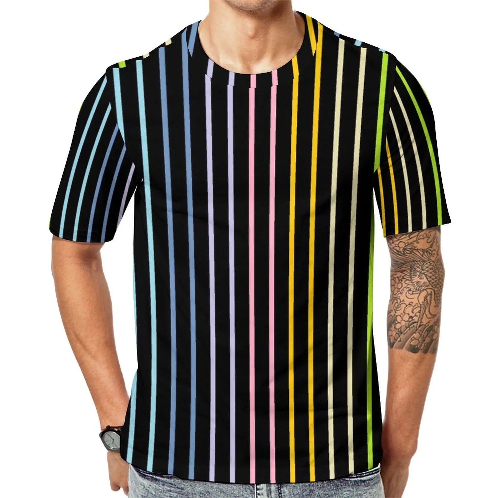 

Rainbow Striped T Shirt Vertical Stripes Print Trendy T-Shirts Street Style Tshirt Summer Short Sleeves Graphic Tees Plus Size