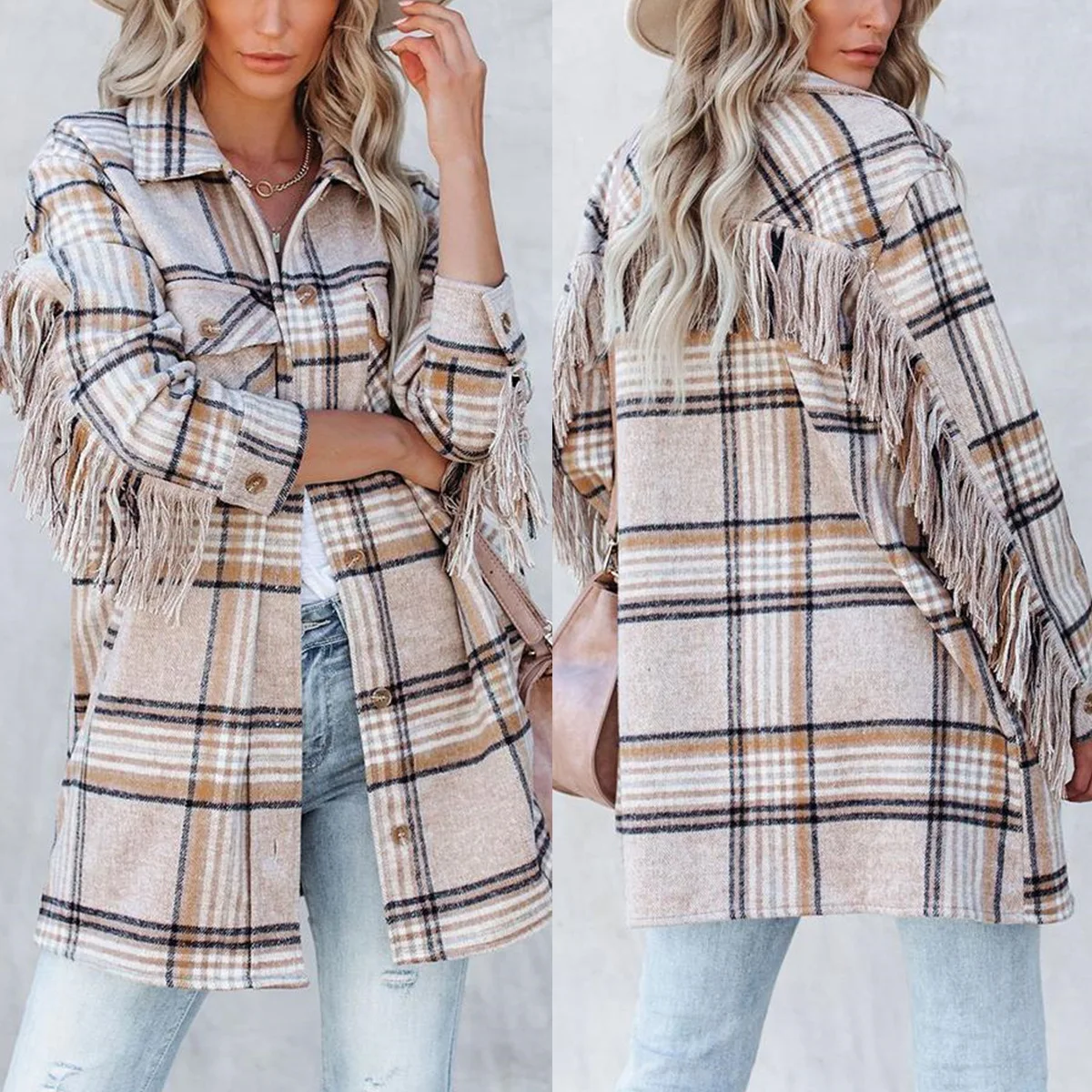

2022 New Autumn and Winter Women's Long-sleeved Single Breasted Lapel Casual Fringed Plaid Jacket Women