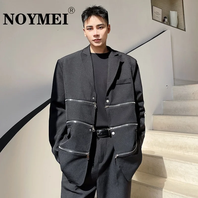 

Модный мужской блейзер NOYMEI со съемной застежкой-молнией и отделкой в стиле пэчворк, металлический пиджак черного цвета для осени, корейская мода WA2506
