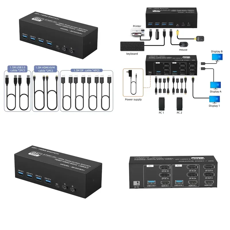 Фото FJ-8K203DH FJGEAR Новинка: 2-портовый селектор USB3.0 DisplayPort 7680*4320/60Гц 8K DP/KVM коммутатор для трех мониторов №1