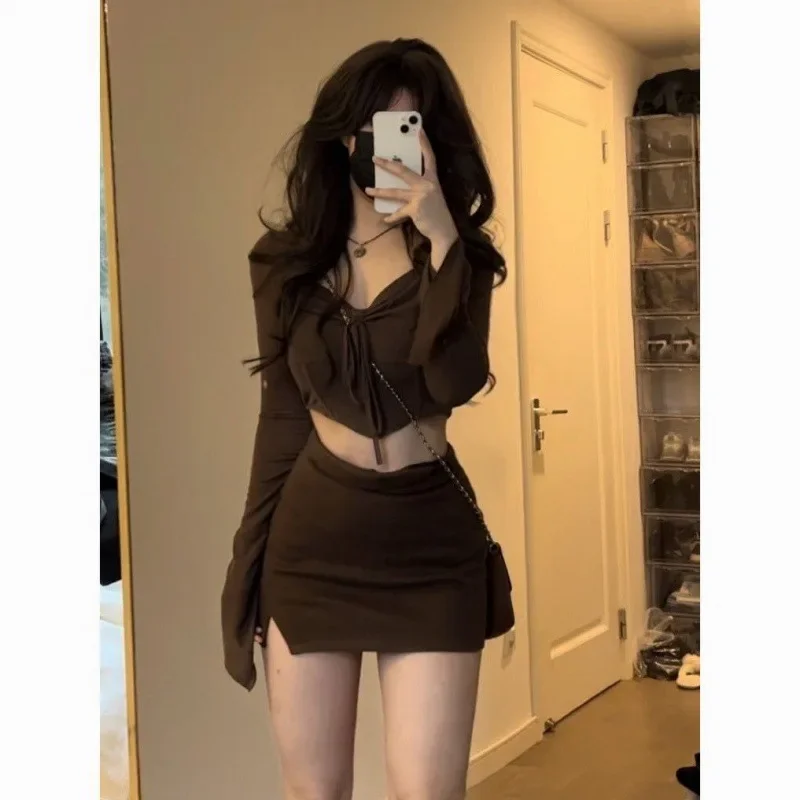 Женский топ с длинным рукавом юбка высокой талией и квадратным вырезом