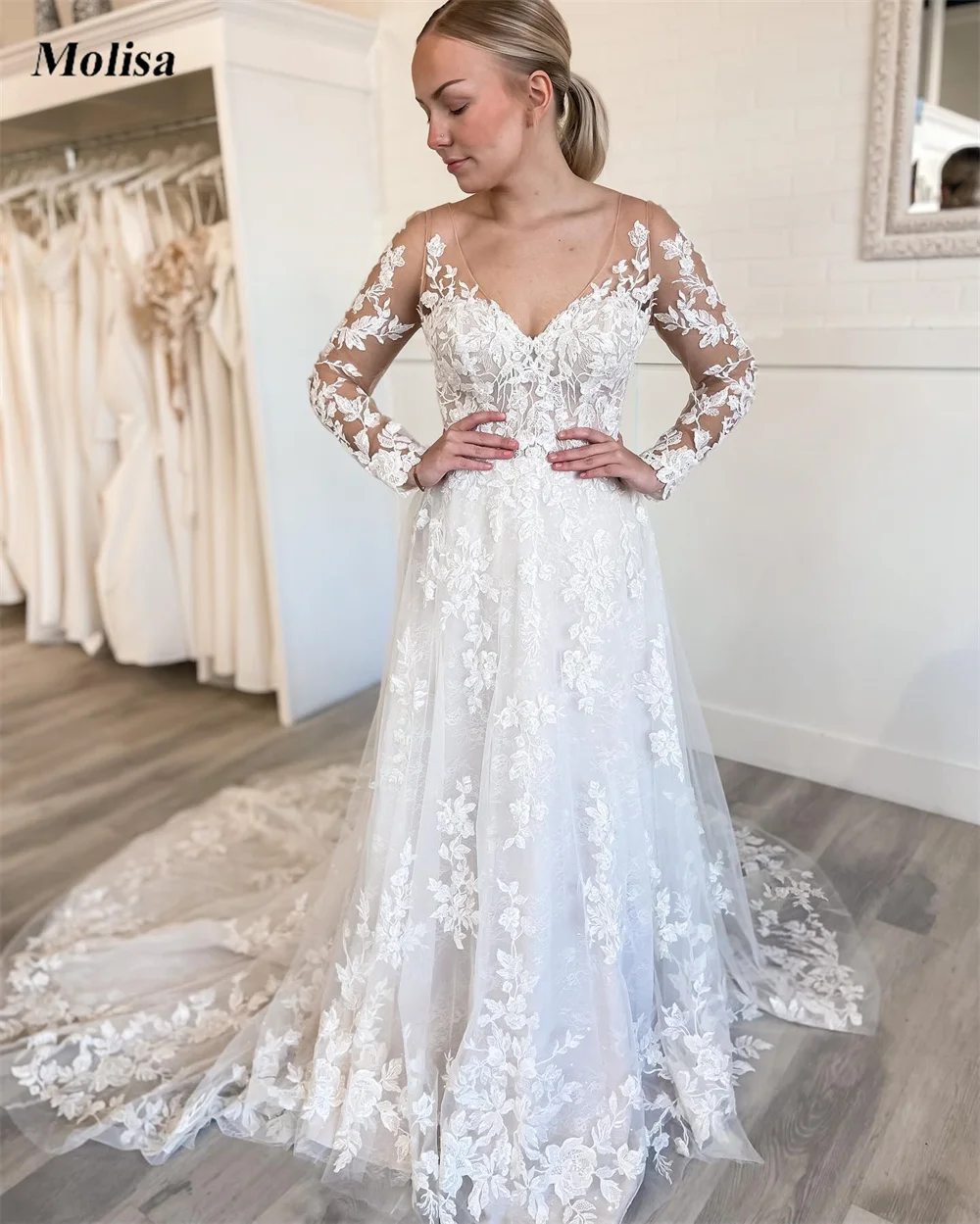 

Boho V Neck Wedding Dress Tulle Appliques Long Sleeves Bride Dresses for Women 2022 Free Shipping Country Simple Bridal Gown
