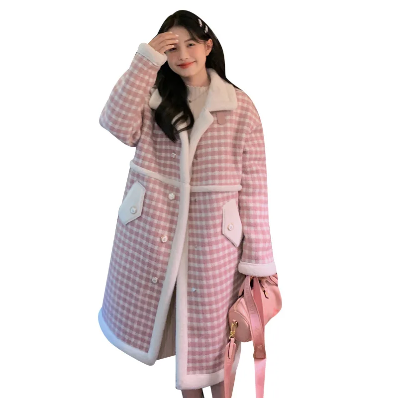 Wool-like warm coat in winter plaid long coat female